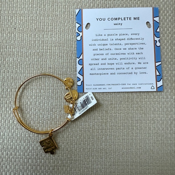NWT Alex and Ani You Complete Me Blue Puzzle Piece Autism Shiny Gold Bracelet - Picture 3 of 4